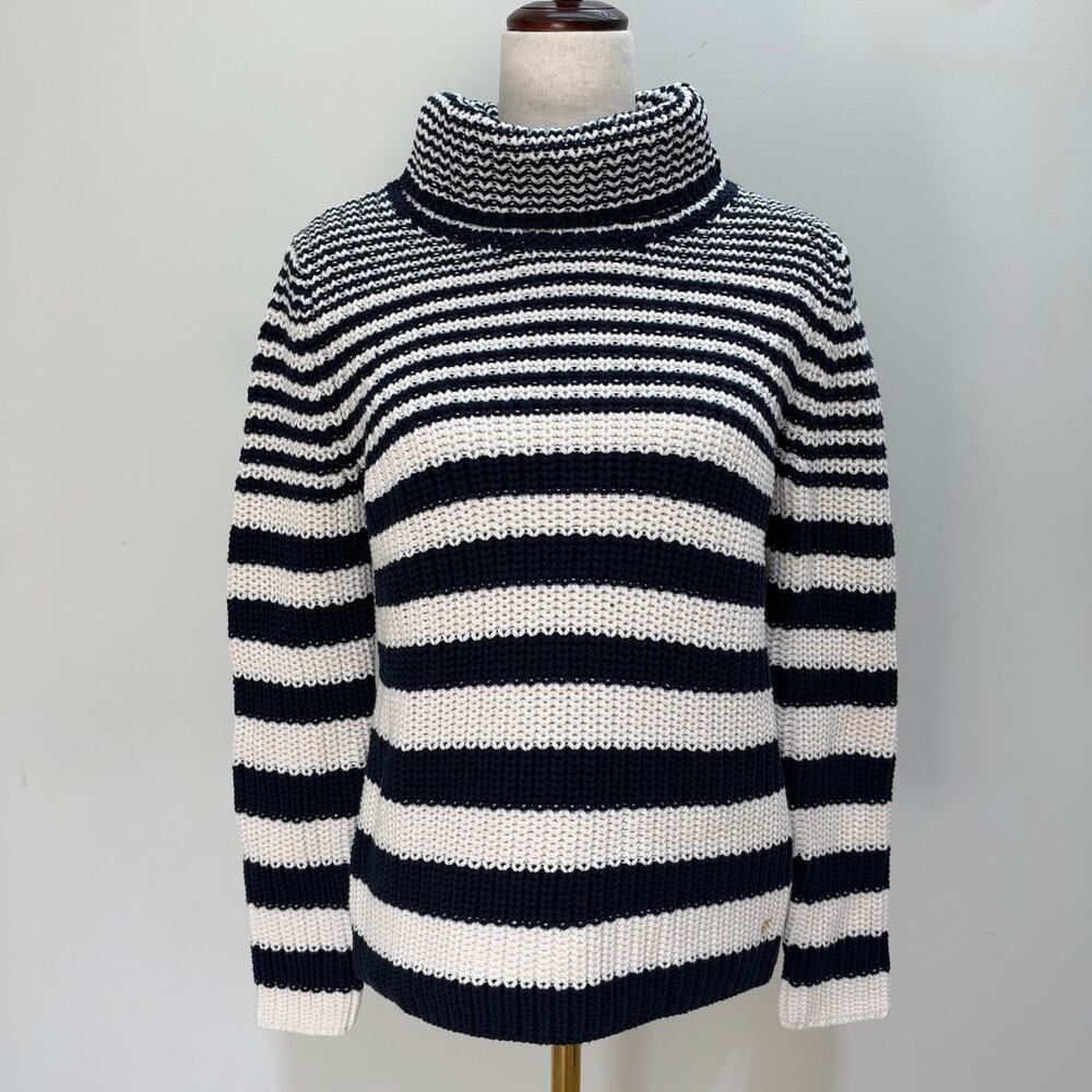 NWT Basler Cotton Chunky Knit Turtleneck Sweater 12 Stripe Navy White Cabincore